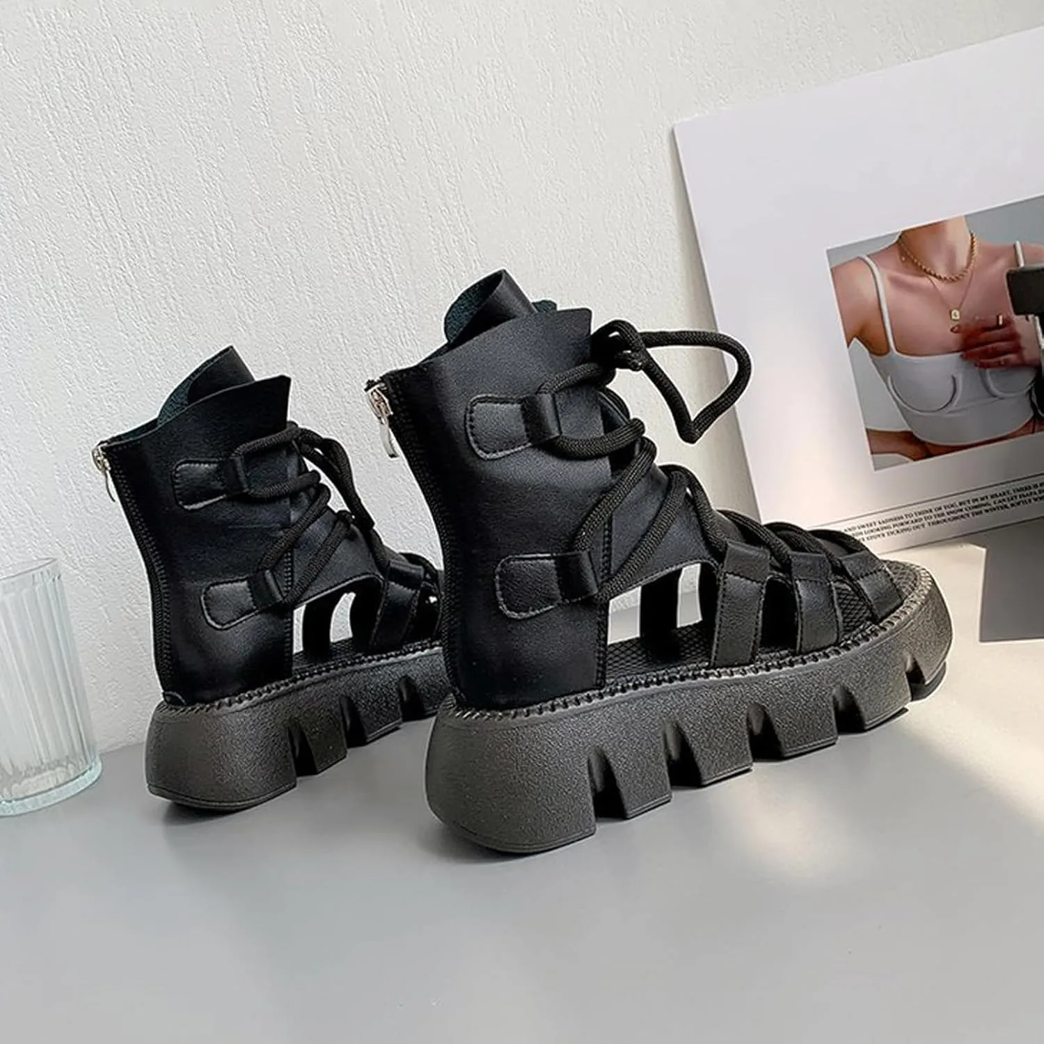 Women's Leather Lace Up High Top Platform Gladiator Sandals Fashion Comfort Round Open Toe Back Zipper Breathable Hollow Out Chunky Wedge Roman Sandals for Work Party Walking