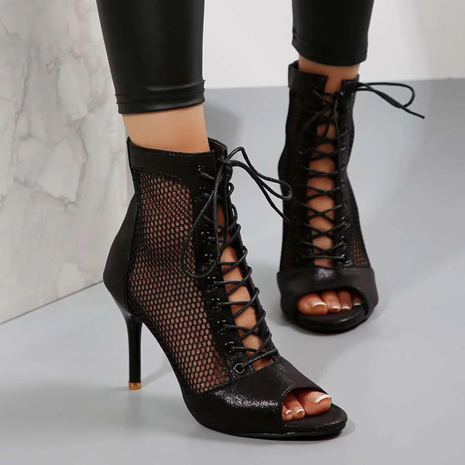 Women's Mesh Ankle Boots Peep Toe Lace-up High Heeled Sandals Jazz Dance Shoes
