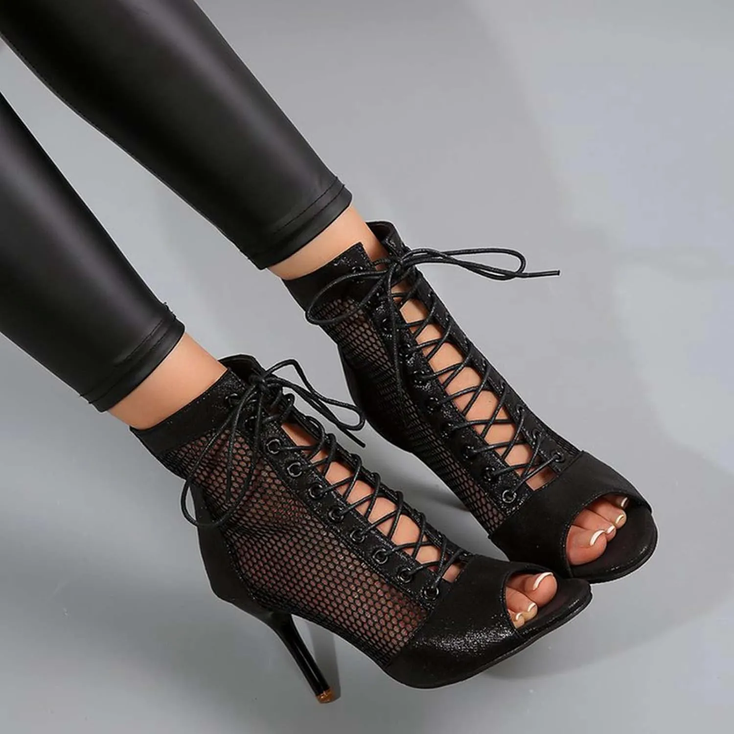 Women's Mesh Ankle Boots Peep Toe Lace-up High Heeled Sandals Jazz Dance Shoes