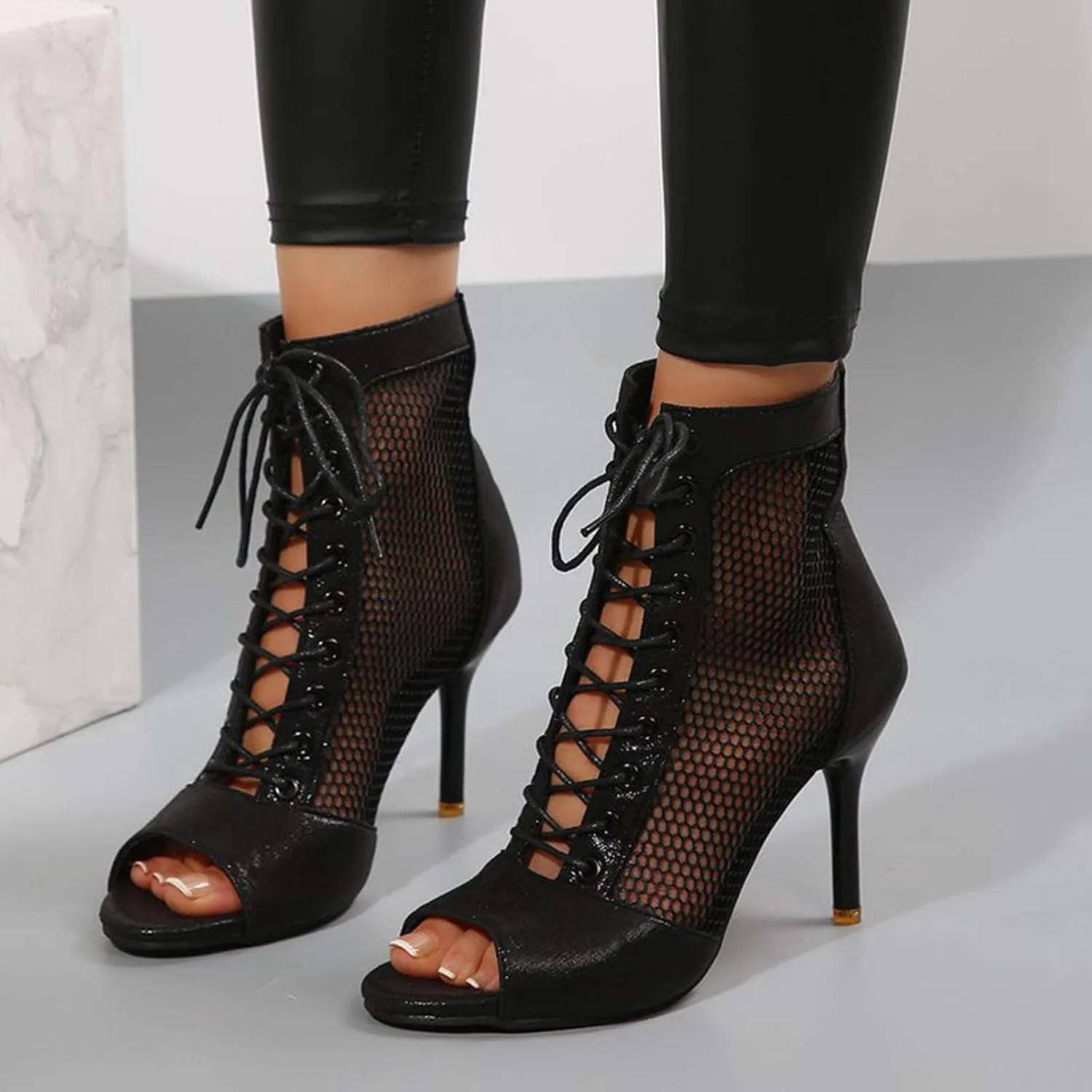 Women's Mesh Ankle Boots Peep Toe Lace-up High Heeled Sandals Jazz Dance Shoes
