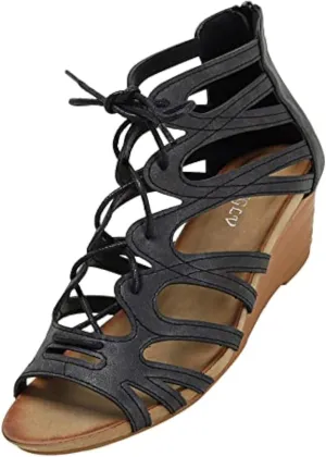 Women's Open Toe Wedge Gladiator Sandals,Strappy Zipper Orthopedic Roman Sandals,Fish Mouth Round Toe Cage Beach Sandals
