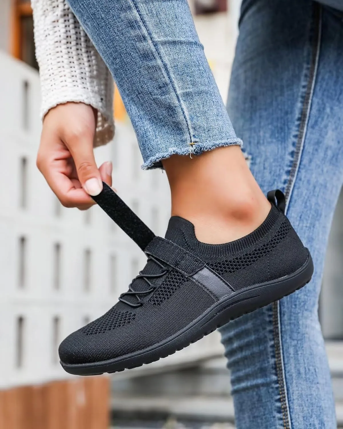 Womens Wide Toe Walking Shoes Casual Tennis Gym Athletic Flats Slip-on Sneakers with Hook and Loop Strap