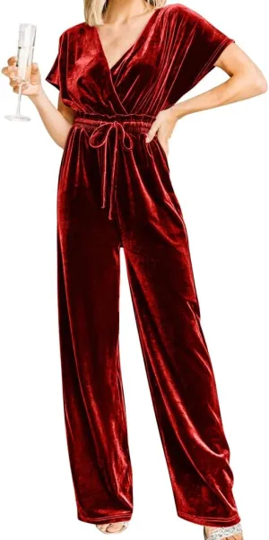 YMDUCH Women's Casual Short Sleeve Belted Long Wide Leg Pant One Piece Jumpsuit