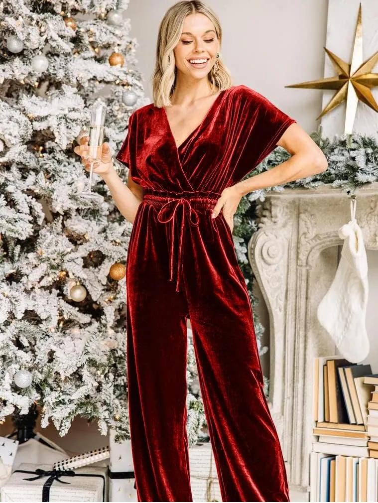 YMDUCH Women's Casual Short Sleeve Belted Long Wide Leg Pant One Piece Jumpsuit